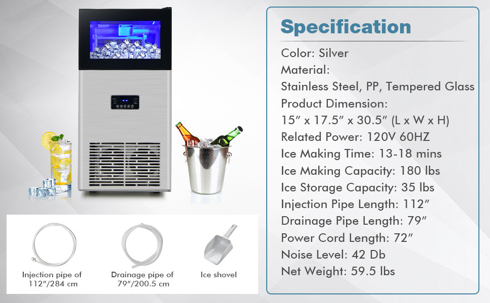 180LBS/24H Stainless Steel Commercial Ice Maker Machine with Self-Cleaning Function