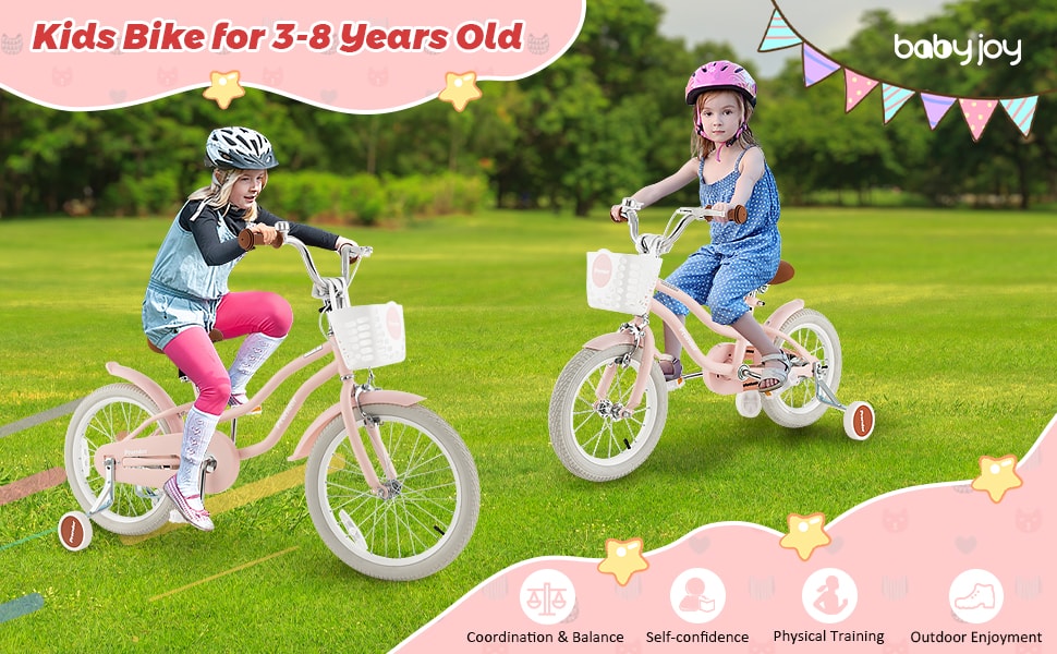 18" Kids Bike Toddler Bicycle Girls Boys Bike for 3-8 Years Old with Training Wheels Adjustable Seat Removable Basket