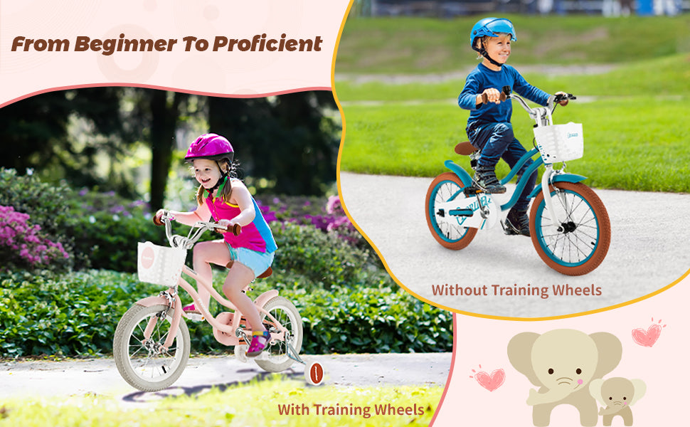 18" Kids Bike Toddler Bicycle Girls Boys Bike for 3-8 Years Old with Training Wheels Adjustable Seat Removable Basket