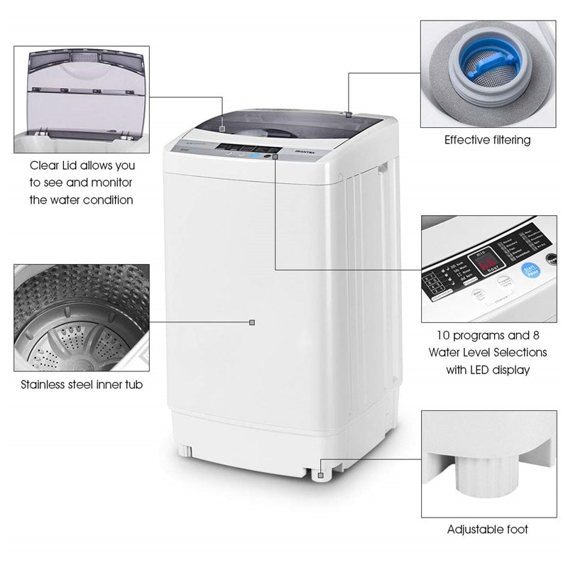 1.34 Cu.ft Portable Impeller Top-Load Washer 9.92 Lbs Capacity Full-Automatic Washing Machine with Drain Pump 8 Water Level LED Display