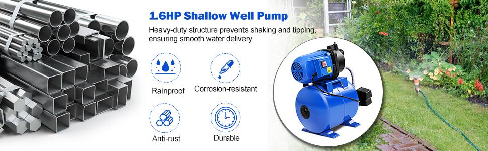 1.6HP Shallow Well Pump & Pressure Tank 1000GPH Home Garden Irrigation Booster Jet Pump 164 FT Stainless Steel Water Booster Pump