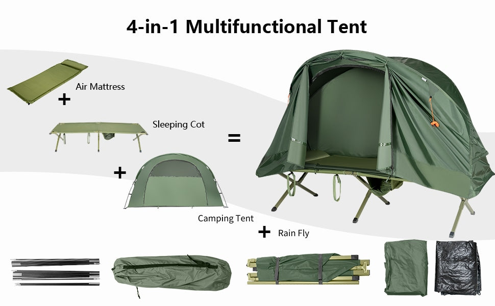 1-Person Cot Tent 4-in-1 Outdoor Camping Cot Foldable Elevated Tent Set with Waterproof Cover Air Mattress & Carrying Bag