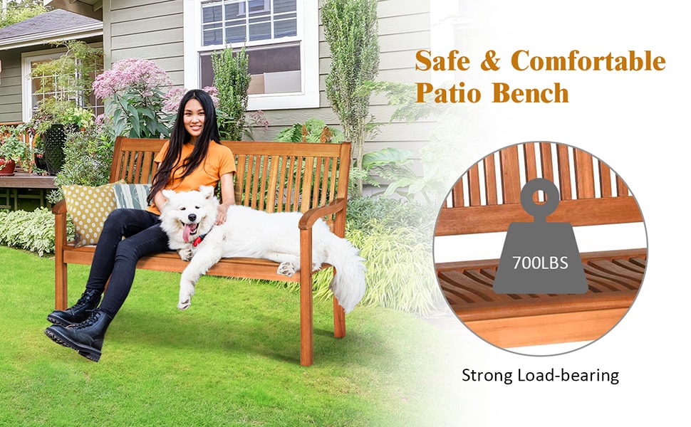 2-Person Outdoor Wood Bench with Curved Backrest & Wide Armrest