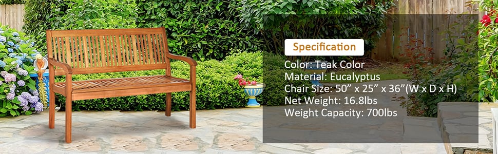 2-Person Outdoor Wood Bench with Curved Backrest & Wide Armrest