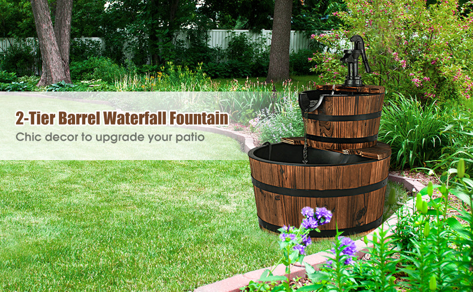 2-Tier Outdoor Barrel Waterfall Fountain with Hand Pump for Garden Backyard