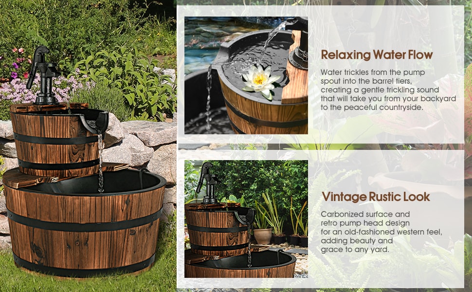 2-Tier Outdoor Barrel Waterfall Fountain with Hand Pump for Garden Backyard