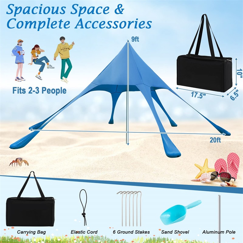 20 x 20FT Family Beach Canopy Tent UPF50+ Beach Sun Shade Tent with Carrying Bag, Sand Shovel & 6 Sandbags