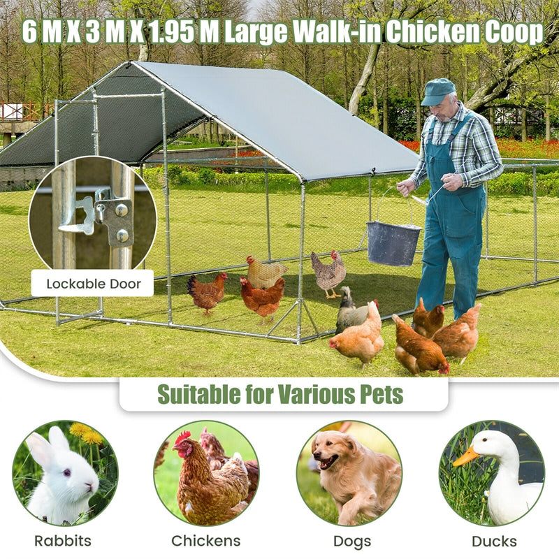 20ft Large Metal Chicken Coop Walk-in Poultry Cage Outdoor Farm Hen Rabbit Run House with Waterproof Cover