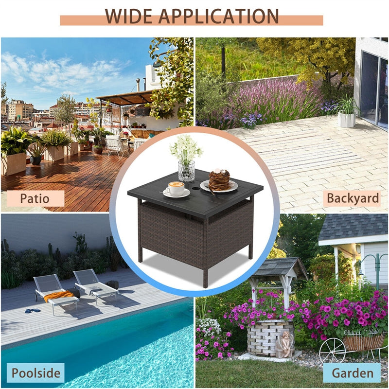 22" Outdoor Wicker Table Patio Rattan Square Side Table with HDPE Tabletop & Umbrella Hole