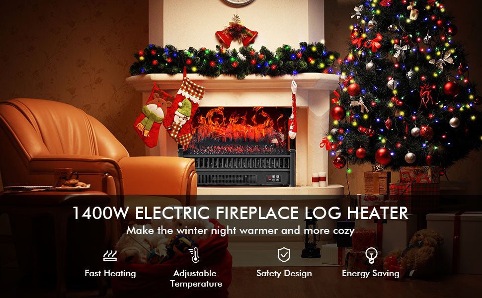 23” Electric Fireplace Log Heater 1400W Fireplace Insert with Remote Control & Realistic Ember Bed