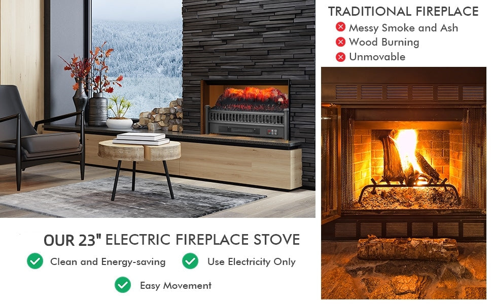 23” Electric Fireplace Log Heater 1400W Fireplace Insert with Remote Control & Realistic Ember Bed