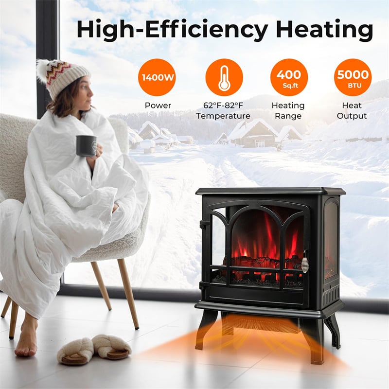23” Electric Fireplace Stove Freestanding 3-Sided Fireplace Heater 1400W with Remote Control, 3-Level Dimmable Flame Effect