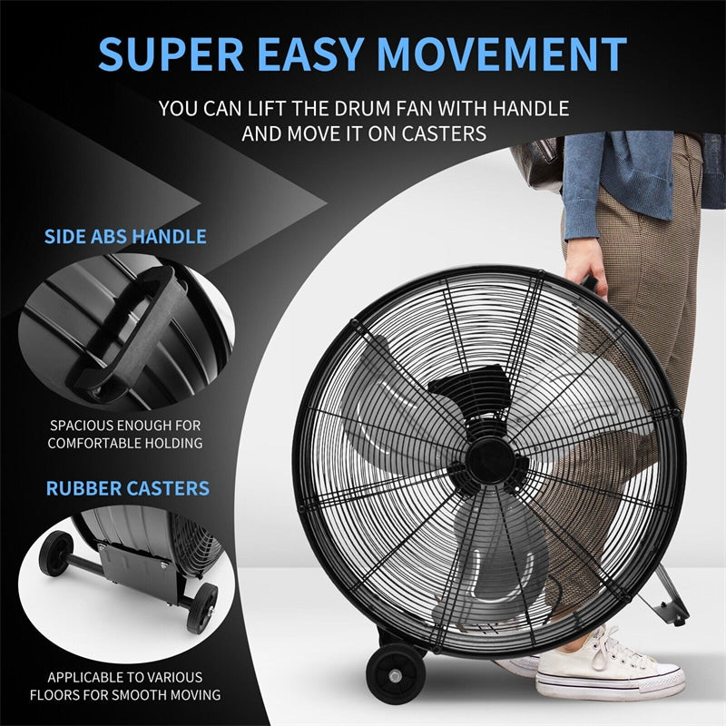 24" 3-Speed Portable Industrial Drum Fan with Aluminum Blades & Built-in Wheels