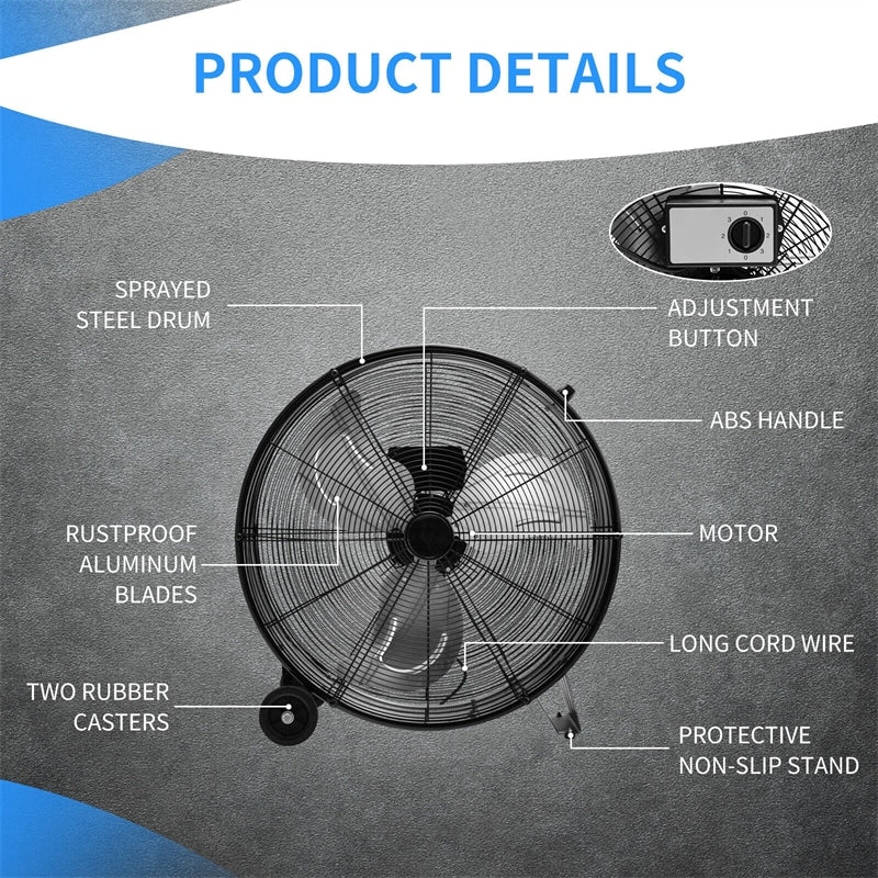 24" 3-Speed Portable Industrial Drum Fan with Aluminum Blades & Built-in Wheels