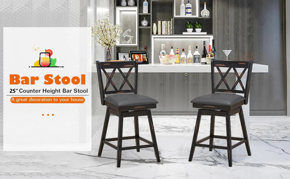 25 Inch Swivel Counter Height Bar Stools Set of 2 with Rubber Wood Legs & Upholstered Cushions