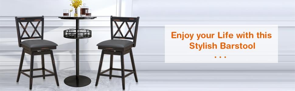 24 Inch Swivel Counter Height Bar Stool Set of 2 with Rubber Wood Legs Upholstered Cushion Backrest
