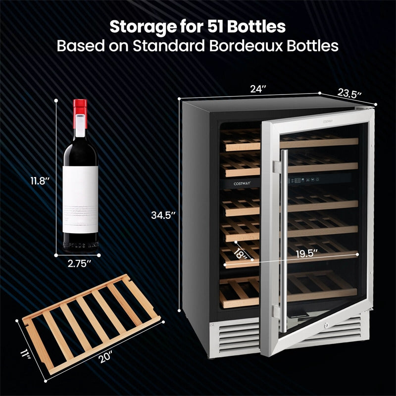 24" Wine Cooler 51 Bottles Dual Zone Wine Refrigerator Built-In Freestanding Wine Fridge with Stainless Steel Tempered Glass Door & Safety Lock