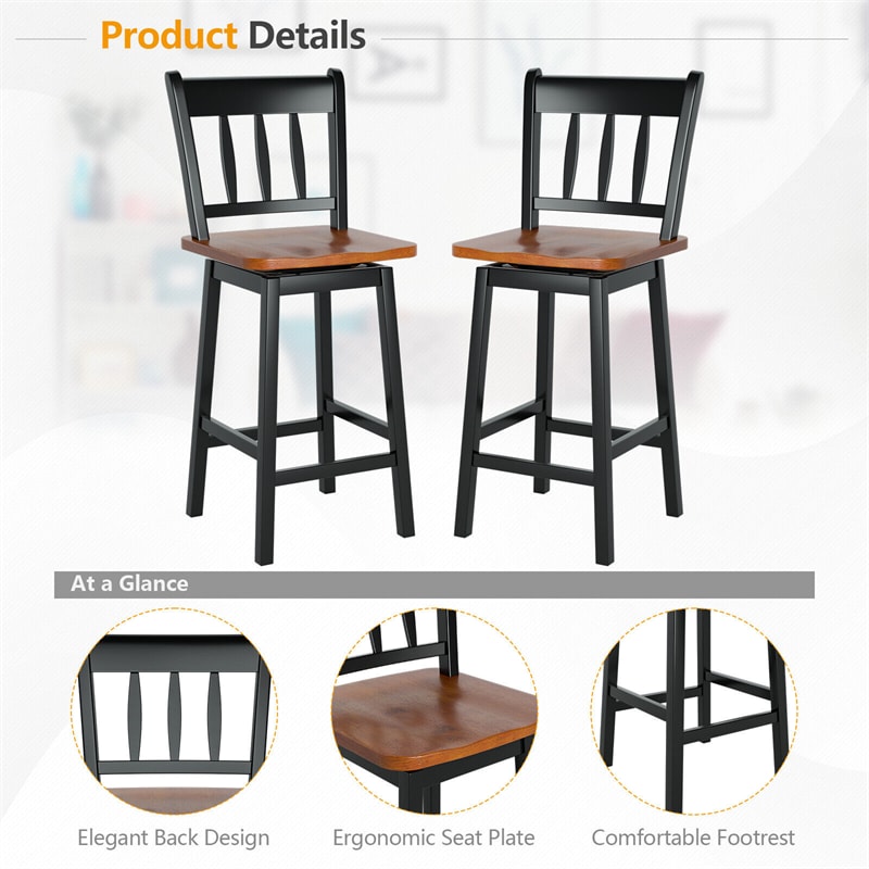 30.5" Swivel Bar Stools Set of 2 Solid Rubber Wood Counter Height Bar Chairs with Footrests for Kitchen Counters Pub