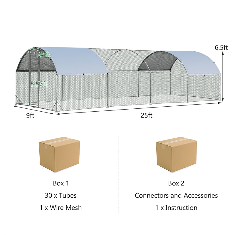 25 FT Large Metal Chicken Coop Run Galvanized Walk-in Poultry Cage with Cover