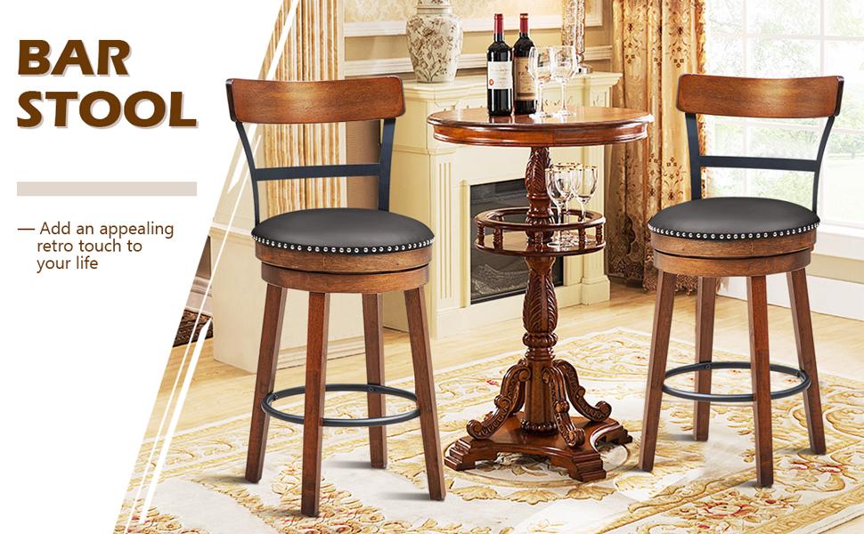25" Bar Stools Set of 2 Swivel Counter Height Dining Chair with Leather Padded Seat