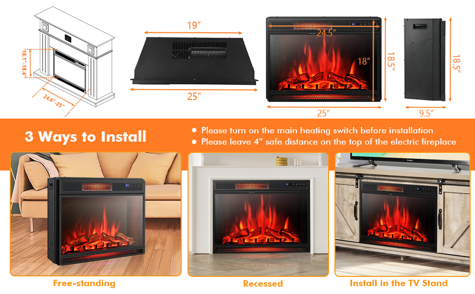 25" Electric Fireplace Insert 1350W Freestanding & Recessed Fireplace Heater with Remote Control & 3 Flame Colors