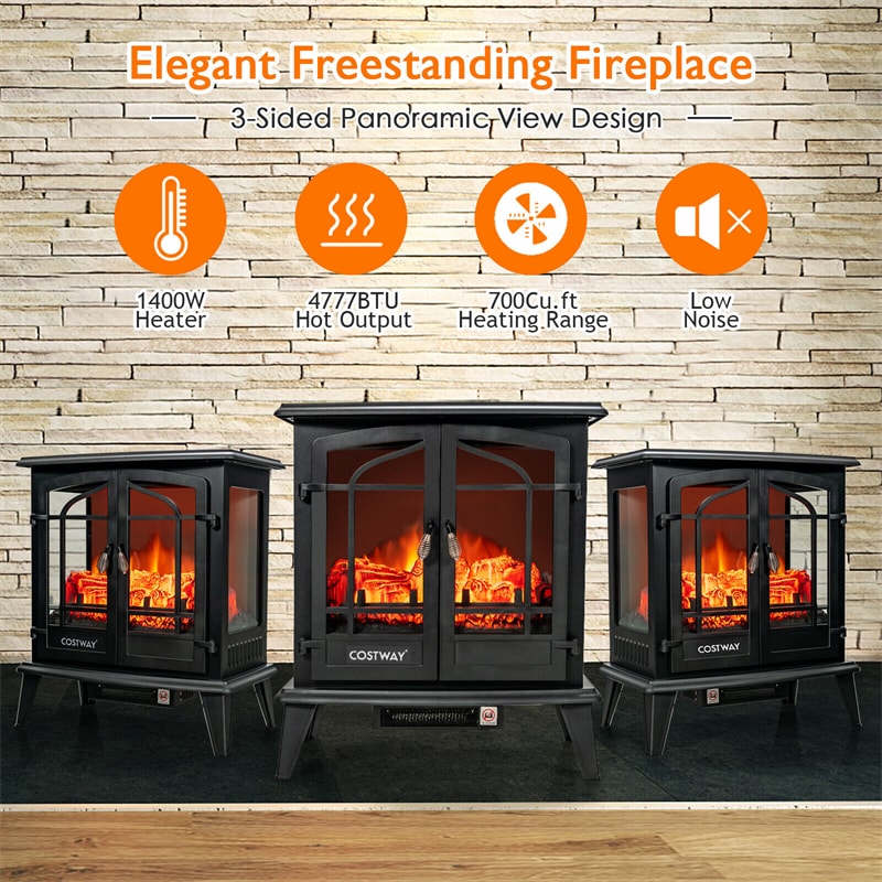 25" Electric Fireplace Stove Freestanding Fireplace Heater 1400W with Realistic Flame Effect & Overheat Protection