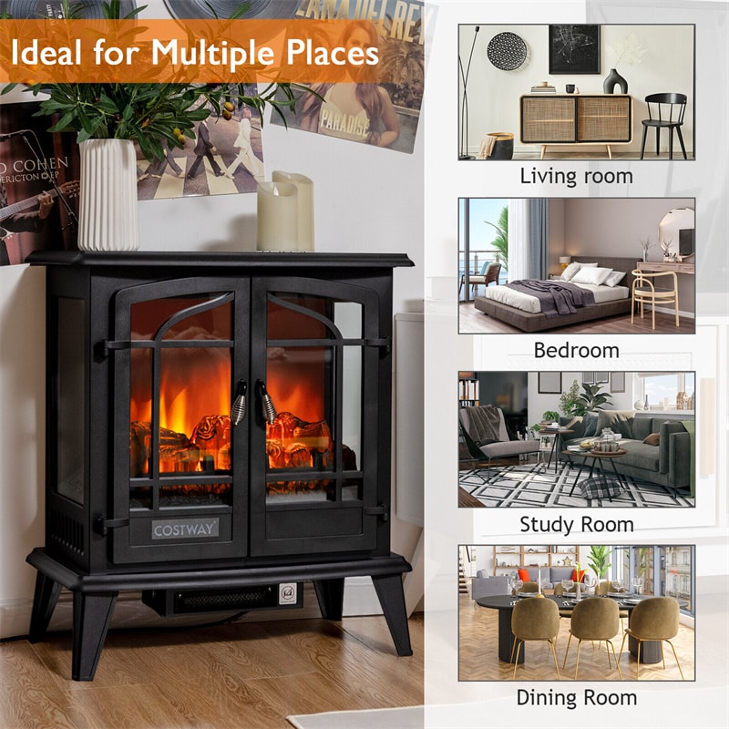 25" Electric Fireplace Stove Freestanding Fireplace Heater 1400W with Realistic Flame Effect & Overheat Protection