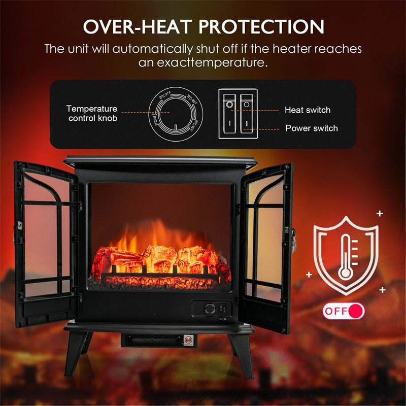 25" Electric Fireplace Stove Freestanding Fireplace Heater 1400W with Realistic Flame Effect & Overheat Protection