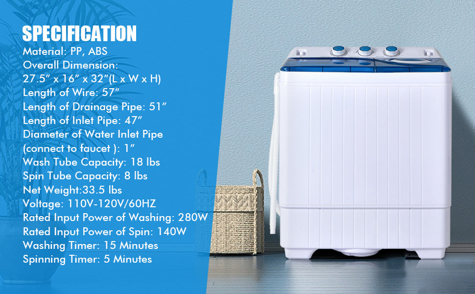 26lbs Portable Washing Machine 2 in 1 Washer and Spinner Combo with Built-in Drain Pump for Home Apartment