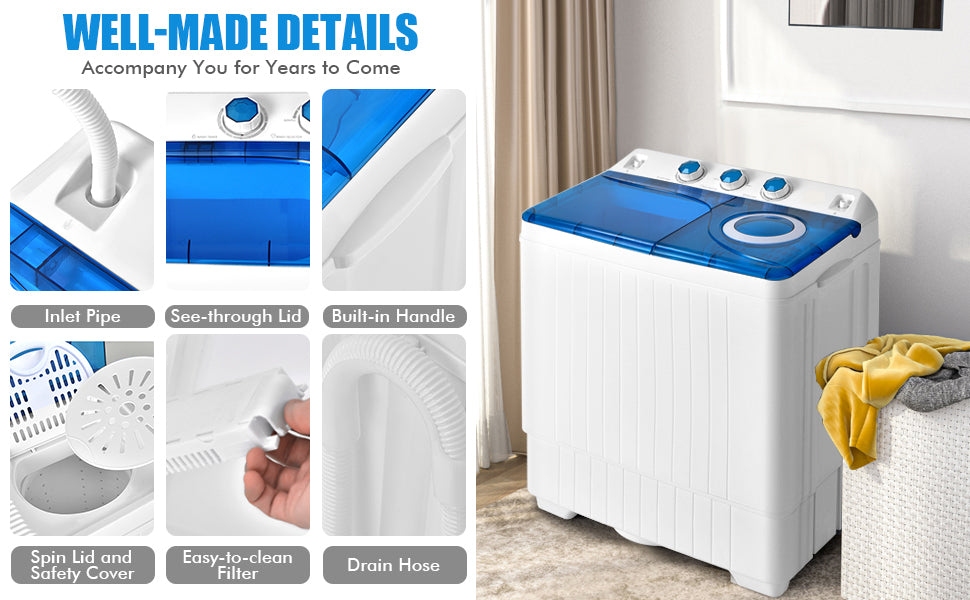26lbs Portable Washing Machine 2 in 1 Washer and Spinner Combo with Built-in Drain Pump for Home Apartment