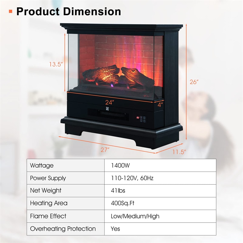 27 Inch Freestanding Fireplace 1400W Electric Fireplace Heater with 3-Level Vivid Flame & Thermostat