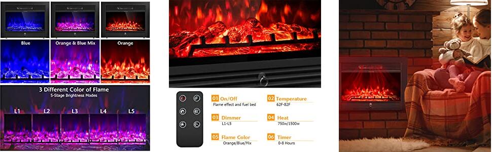 28.5" Recessed Mounted Standing Electric Fireplace Insert Heater with 3 Color Flames
