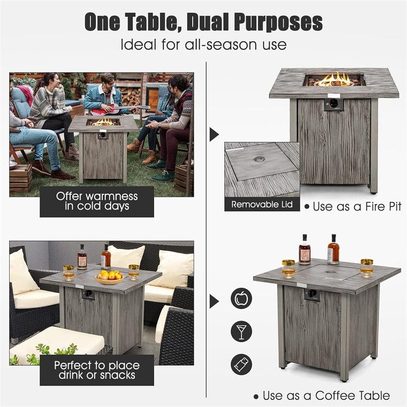 28” Square Propane Fire Pit Table 40000 BTU Gas Fire Pit Table with Lid, Lava Rocks & PVC Protective Cover for Patio Poolside Backyard