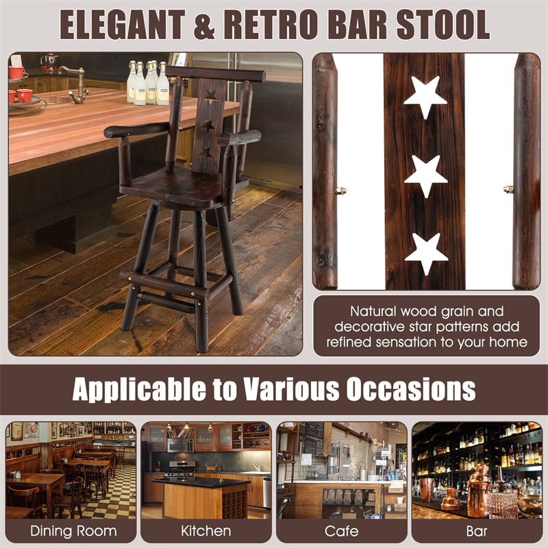 29" Wooden Bar Stool Swivel Chair Tall Bistro Chair with Decorative Star Backrest & Wide Armrest