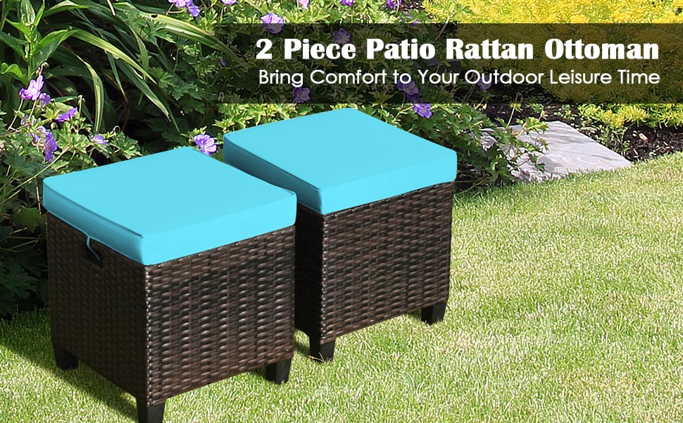 2Pcs Patio Rattan Ottoman Outdoor All Weather Wicker Cushioned Seat Foot Rest Ottoman