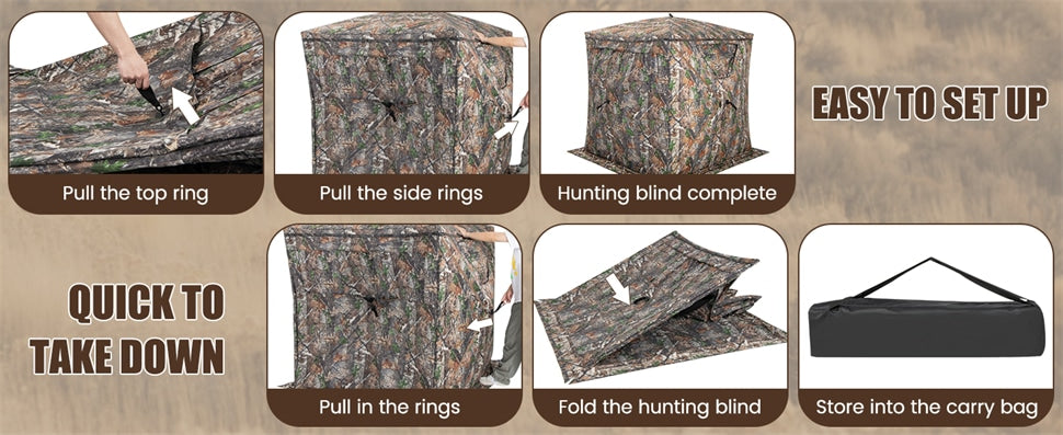 2-3 Person Hunting Blind Tent 270 Degree See Through Portable Pop Up Ground Blind with Sliding Windows, Zippered Door & Carrying Bag