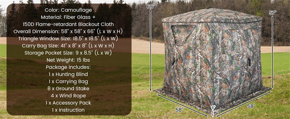 2-3 Person Hunting Blind Tent 270 Degree See Through Portable Pop Up Ground Blind with Sliding Windows, Zippered Door & Carrying Bag