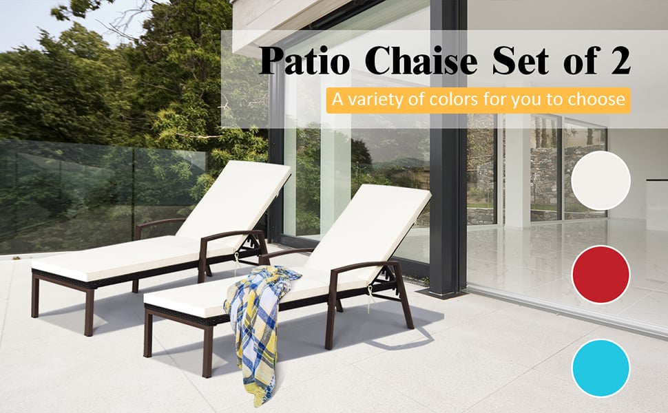 2 PCS Outdoor Rattan Patio Chaise Lounge Chair with Adjustable Backrest