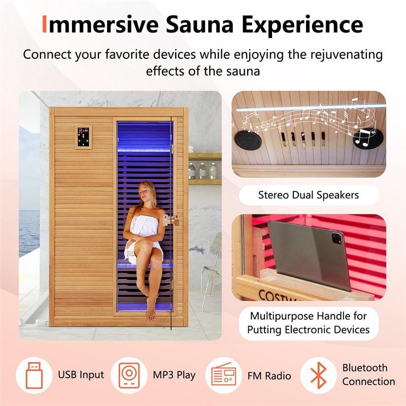 2 People Far Infrared Wooden Sauna Room Canadian Hemlock Indoor Sauna for Home with 660nm/880nm Red Light Therapy Panel & Bluetooth Speakers