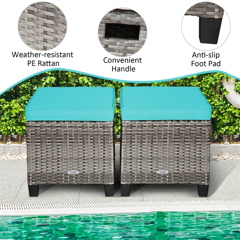 2 Pieces Rattan Wicker Patio Ottomans Seat with Removable Cushions