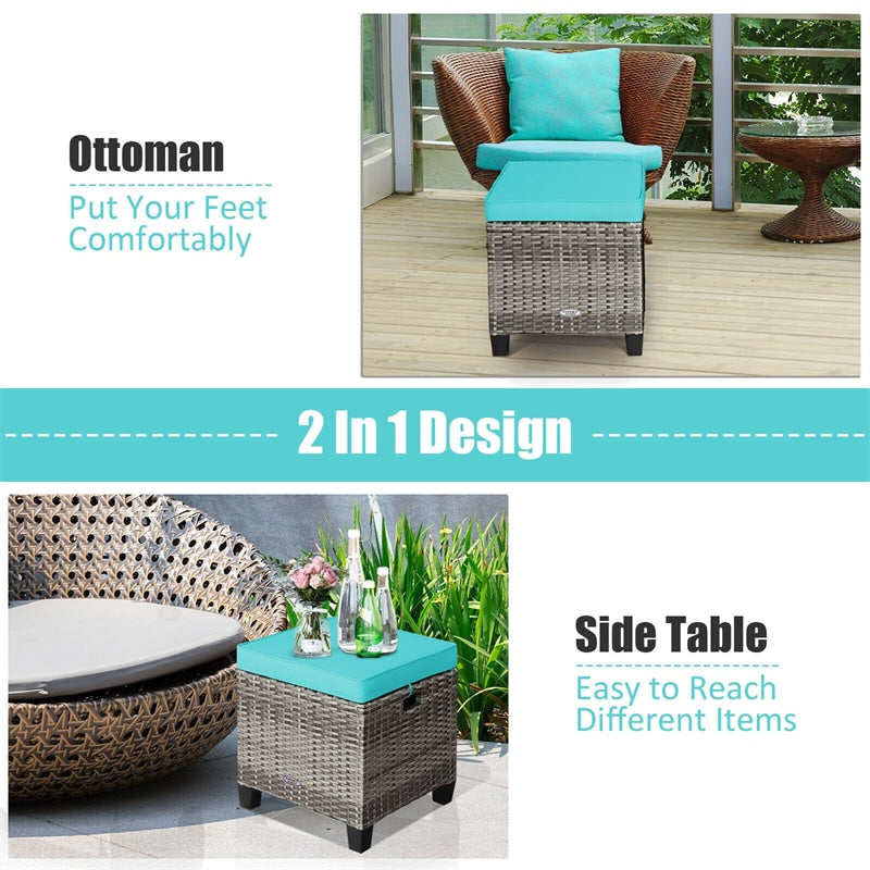 2 Pieces Rattan Wicker Patio Ottomans Seat with Removable Cushions