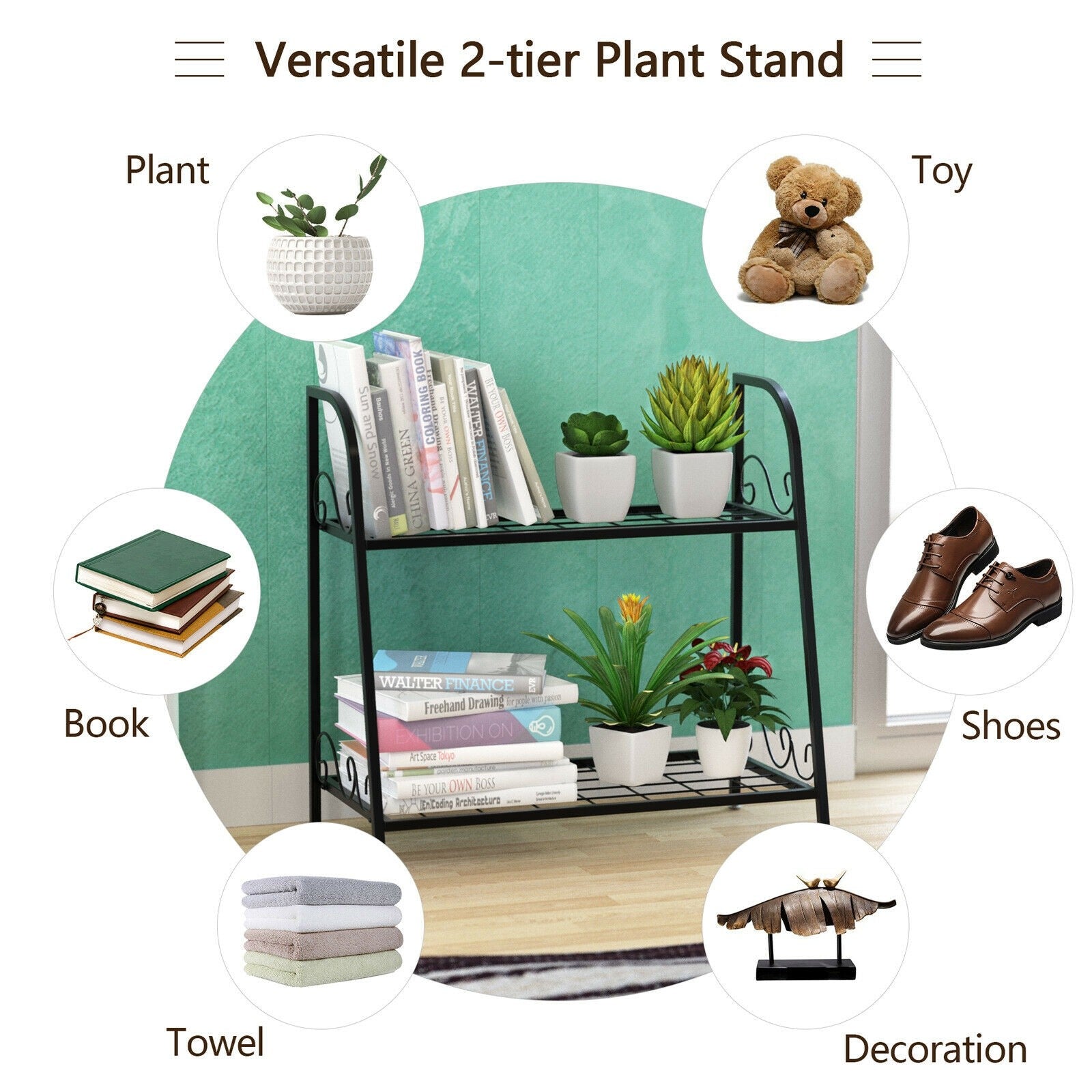 2 Tier Metal Plant Stand Flower Pots Holder with Adjustable Feet