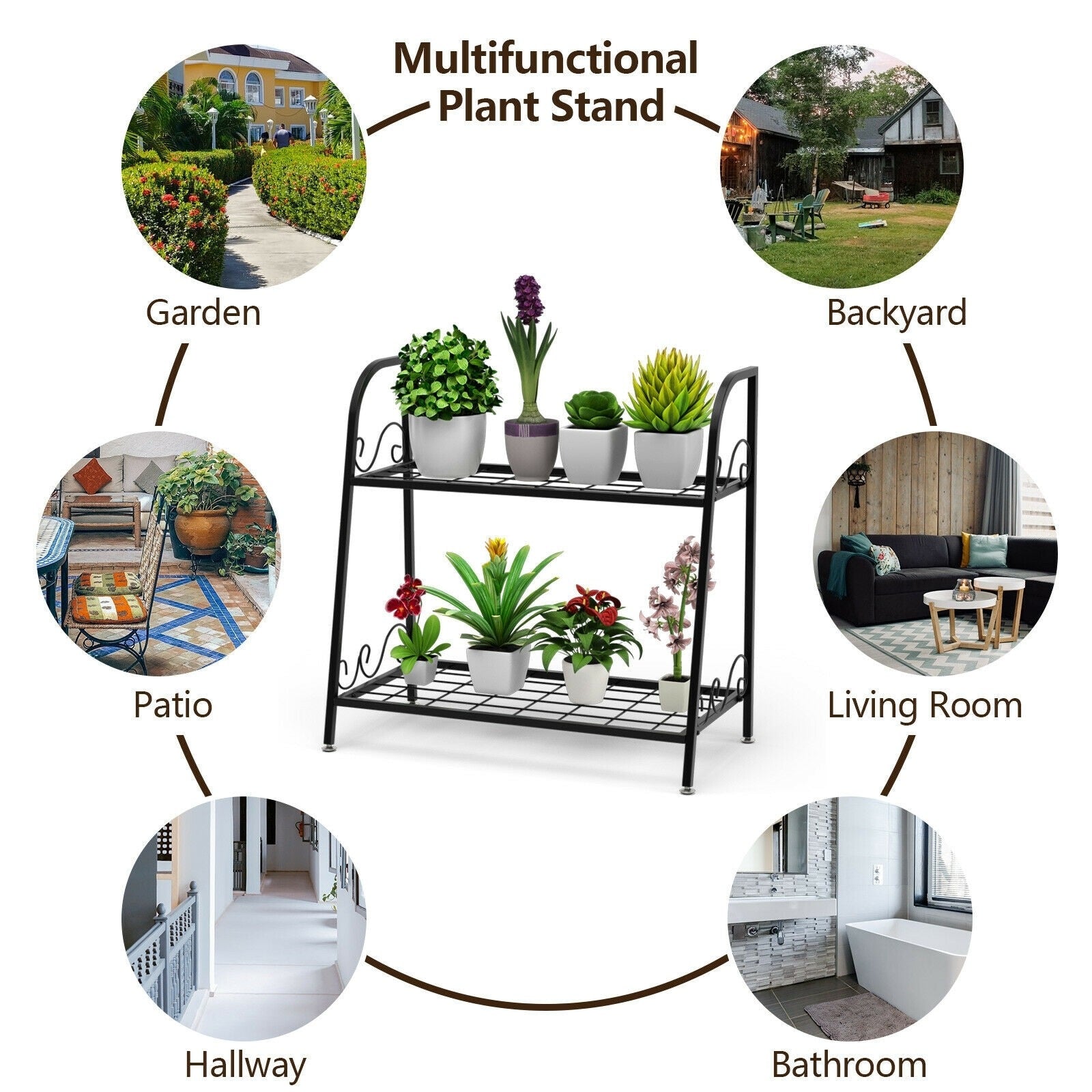 2 Tier Metal Plant Stand Flower Pots Holder with Adjustable Feet