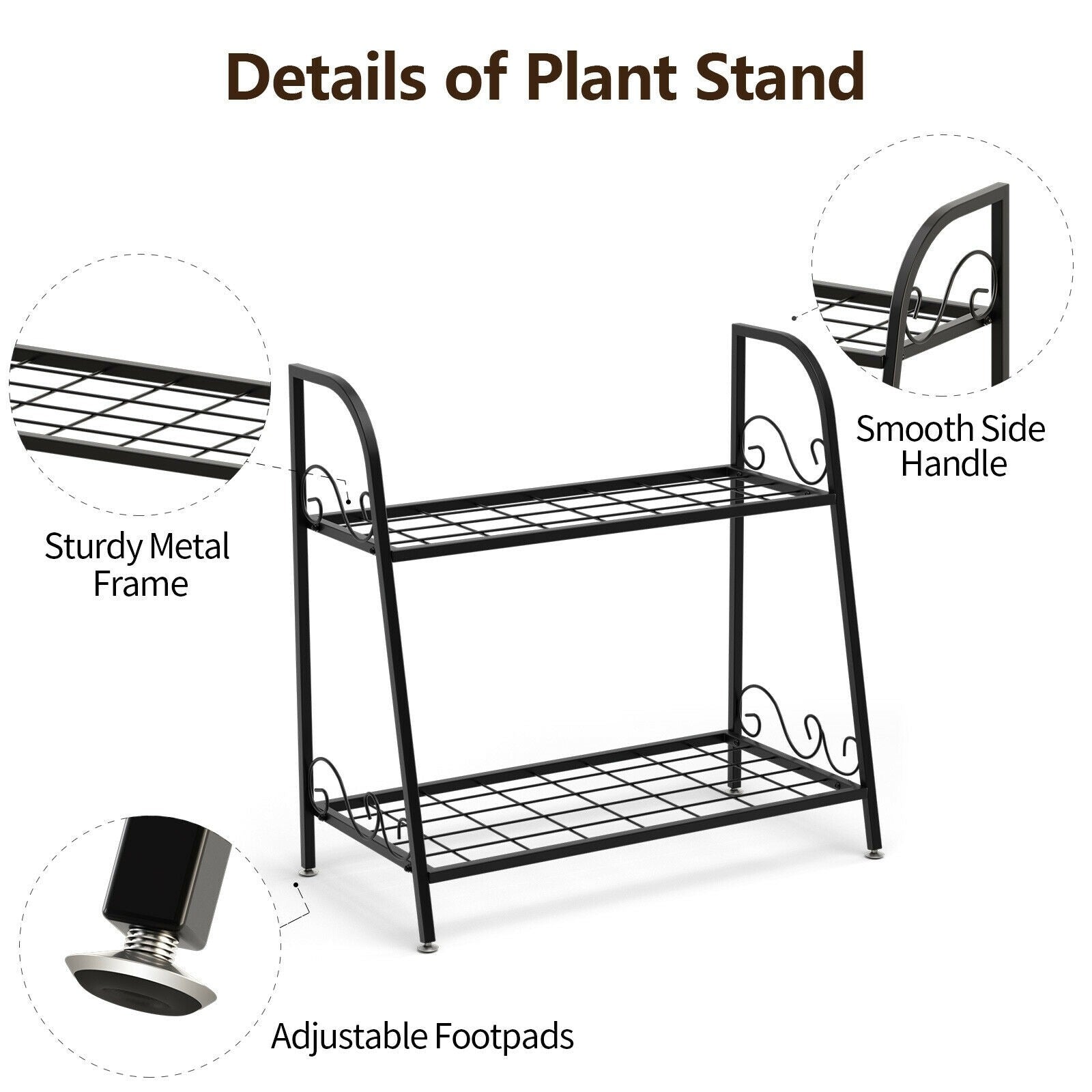 2 Tier Metal Plant Stand Flower Pots Holder with Adjustable Feet