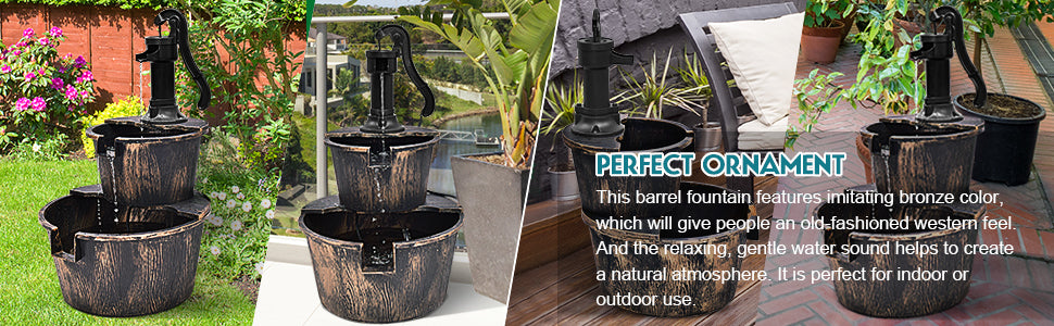 2 Tier Outdoor Rustic Pump Barrel Waterfall Fountain for Garden