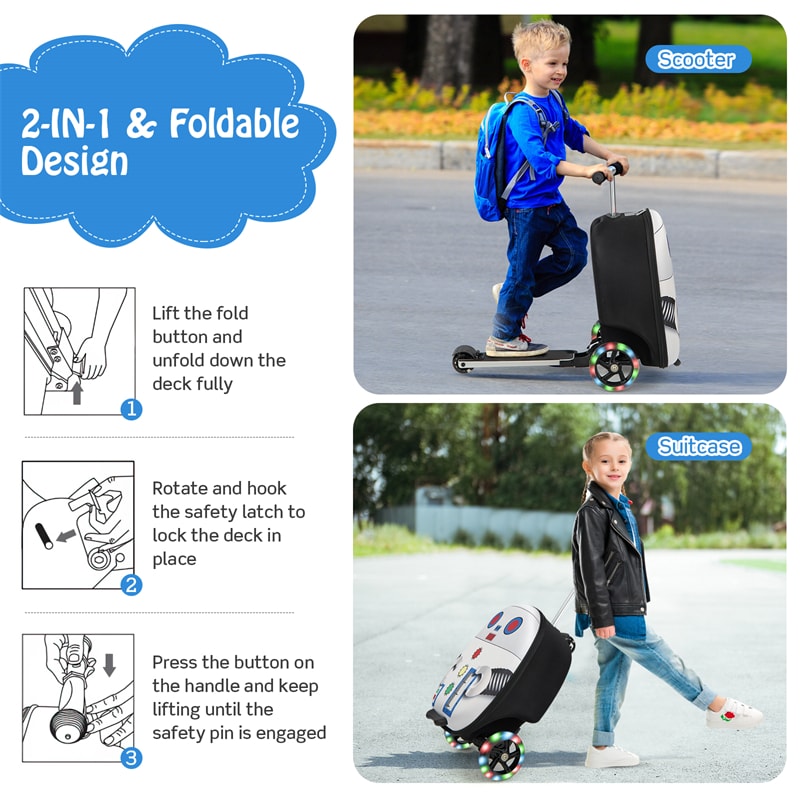 2-in-1 Folding Kids Ride on Scooter Luggage Rolling Suitcase with LED Wheels Brake System Retractable Handle