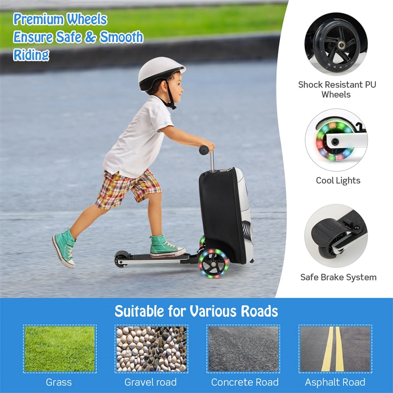 2-in-1 Folding Kids Ride on Scooter Luggage Rolling Suitcase with LED Wheels Brake System Retractable Handle