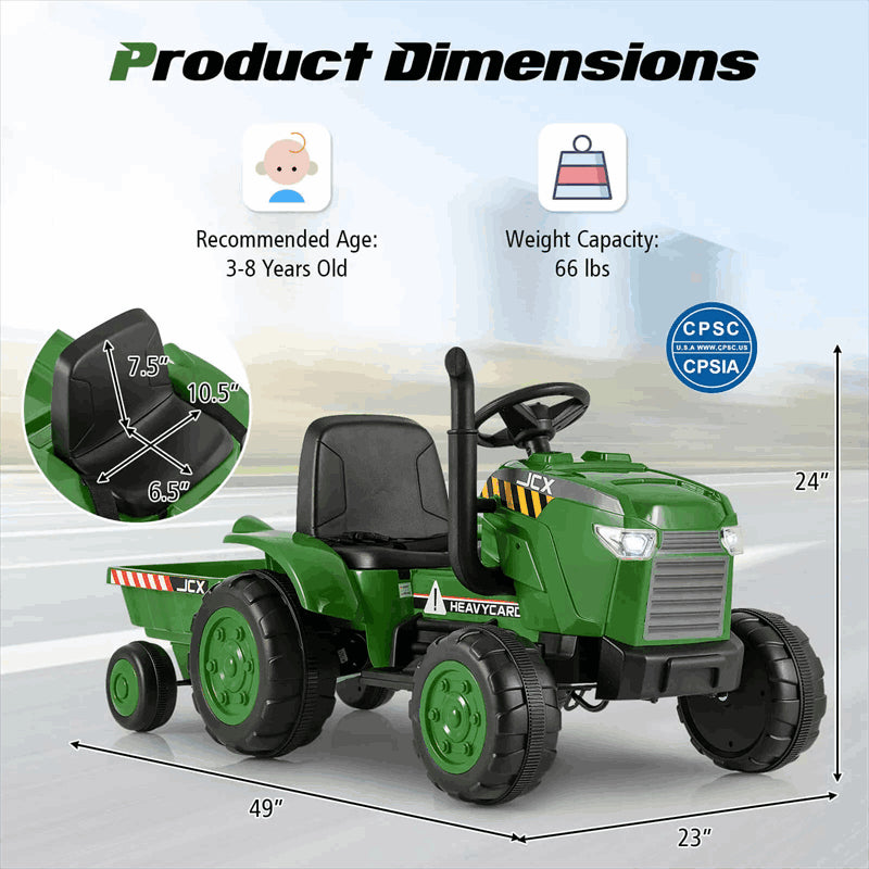 2-in-1 Kids Ride On Tractor with Trailer, 12V Battery Powered Electric Ride on Car Toy Tractor with Remote Control, Lights, 3-Gear-Shift Ground Loader