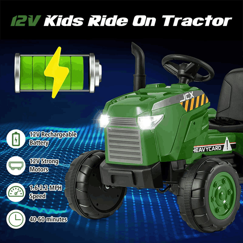 2-in-1 Kids Ride On Tractor with Trailer, 12V Battery Powered Electric Ride on Car Toy Tractor with Remote Control, Lights, 3-Gear-Shift Ground Loader