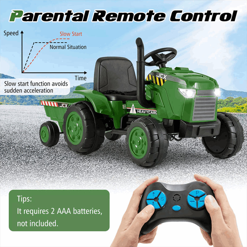 2-in-1 Kids Ride On Tractor with Trailer, 12V Battery Powered Electric Ride on Car Toy Tractor with Remote Control, Lights, 3-Gear-Shift Ground Loader